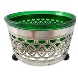 Green Glass Bowl in Pierced Silverplate Holder