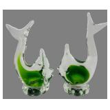 Murano Style Green Glass Fish Figures, Pr. 6.5"H