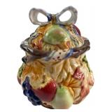 Hand-Painted Relief Fruit Lidded Jar 5.5"H
