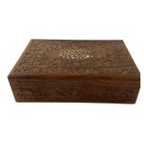 Indian Carved Wooden Box Floral Inlay 12x8"