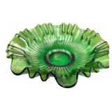 Green Iridescent Ruffled Glass Bowl
