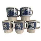 5 Currier & Ives Blue Train Stacking Mugs