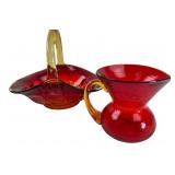 Ruby Red Glass Basket & Crackle Pitcher