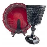Attrib. Indiana Glass Black Goblet & Red Plate