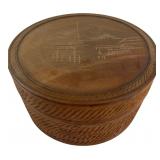 Japanese Carved Wood Trinket Box 4" Dia. 2" H