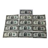 Thirteen Mixed Series US Two Dollar Bills