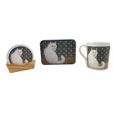 Hallmark 1987 White Cat Mug Tin Coasters Set