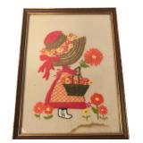 Holly Hobbie Style Framed Yarn Crewel Art
