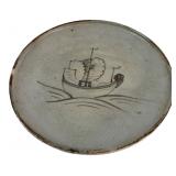 Stoneware Pedestal Dish with Ship Motif 11.5 Dia