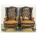 Pr Vintage Leather Wingback Chairs-10312