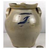 Antique c. 1830 N. Clark & Co. Lyons, New York 1 Gallon Stoneware Ovoid Jar w/ Blue Decoration 