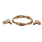 JEWELRY. 3 Pc. 14kt Gold and Ruby Jewelry Suite.