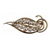 JEWELRY. Mikimoto 14kt Gold and Pearl Leaf Brooch.