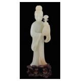 Chinese Carved Celadon Jade Beauty with Instrument