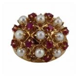 JEWELRY. 14kt Gold, Ruby and Pearl Cocktail Ring.