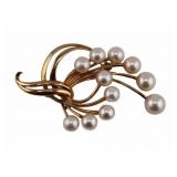 JEWELRY. Mikimoto 14kt Gold and Pearl Brooch.
