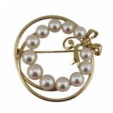 JEWELRY. Mikimoto 14kt Gold & Pearl Wreath Brooch.