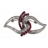 JEWELRY. Platinum and Ruby Foliate Brooch.