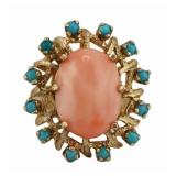 JEWELRY. 14kt Gold, Coral and Turquoise Ring.