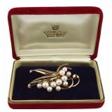 JEWELRY. Mikimoto 14kt Gold and Pearl Brooch.