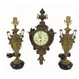Antique Bronze Cartel Clock Together With A Pair