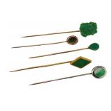 JEWELRY. (5) Green Gem Stick Pins Inc. Jade.