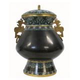 Large Chinese Archaic Style Cloisonne Lidded Urn.