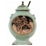 Japanese Celadon Banko Ware Lidded Urn as a Lamp.