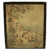 Vintage Fabric Framed Tapestry Of Dogs.