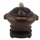 Chinese Bronze Censer with Carved Jade and Wood