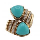 JEWELRY. 13kt Gold Turquoise and Diamond Ring.