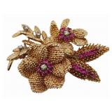 JEWELRY. Vintage Gold, Ruby and Diamond Floral