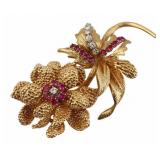JEWELRY. Ruby and Diamond Floral Form Brooch.