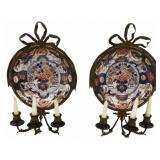Antique Pair of Bronze & Porcelain 3 Arm Sconces.