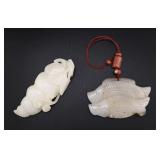 (2) Jade Carvings of a Peapod and Fish.