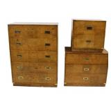 BERNHART Burl Walnut Campaign Style Chests.