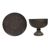 Large Persian Tinned Copper Pedestal Bowl and Tray