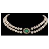 JEWELRY. 14kt Gold Pearl and Jade Double Strand