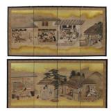 (2) Japanese Painted 4-Panel Folding Screens.