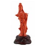 Signed Chinese Carved Coral Quan Yin with Urn.