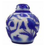 Chinese Blue and White Peking Glass Lidded Urn.