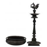 Deccani Style Bronze Oil Lamp with Hamsa Finial.