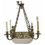 Antique Bronze Chandelier with Etched Glass Bowl.