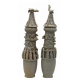 Pair of Chinese Lidded Funerary Jars with Animals.