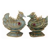 Pair of Signed MB 17kt Gold and Ruby Jade Birds.