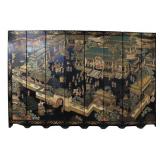 Asian 8-Panel Lacquered Village Scene Floor Screen