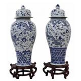 Pair of Large Chinese Blue and White Lidded Urns.