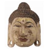 Large Carved Wood and Paint Decorated Buddha Head