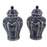 Pair of Boch Delft Porcelain Lidded Urns.