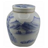 Chinese Blue and White Lidded Landscape Jar.